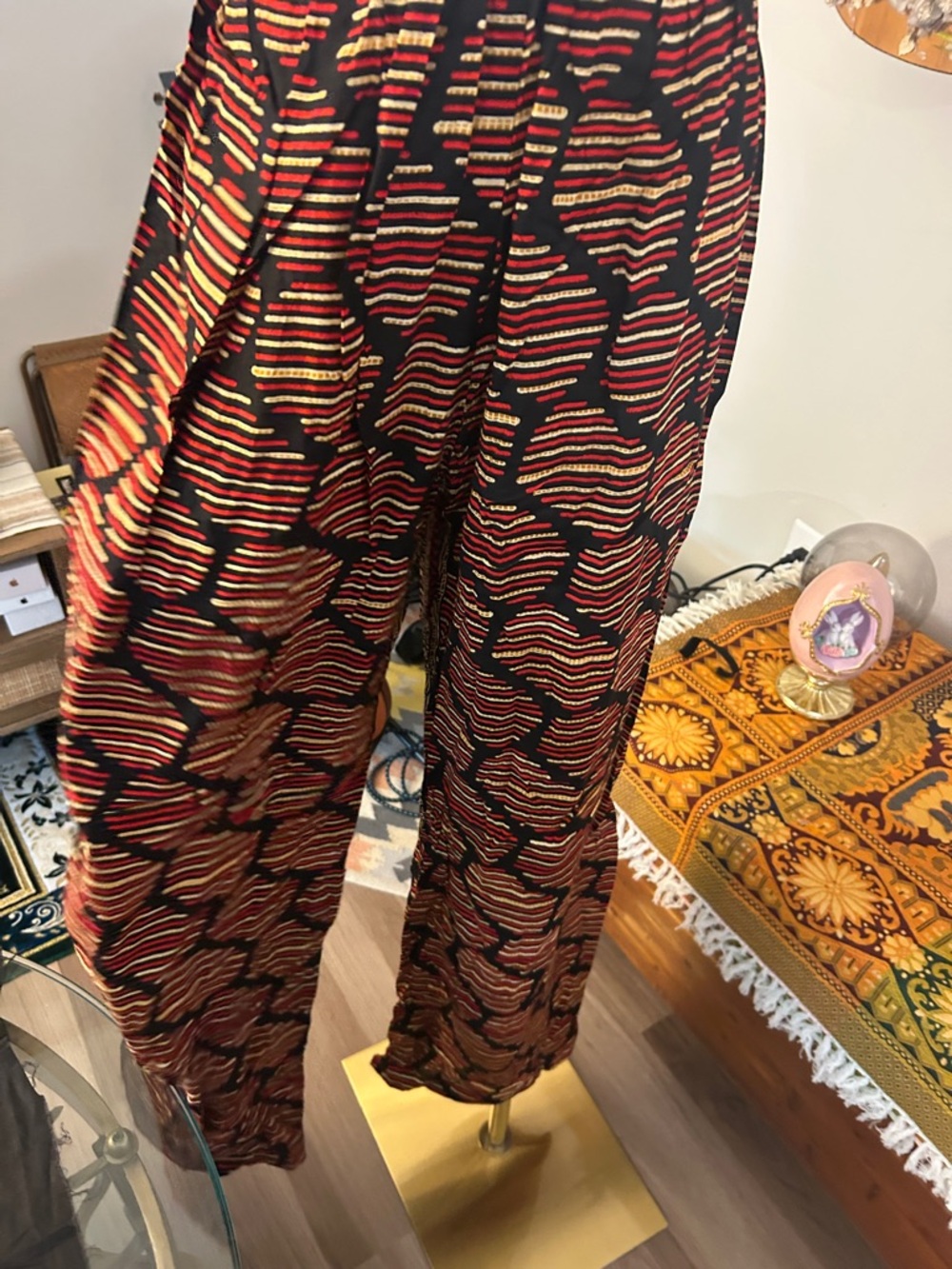 African Wide Leg Patterned Pants - Black with Red & Gold Stripes